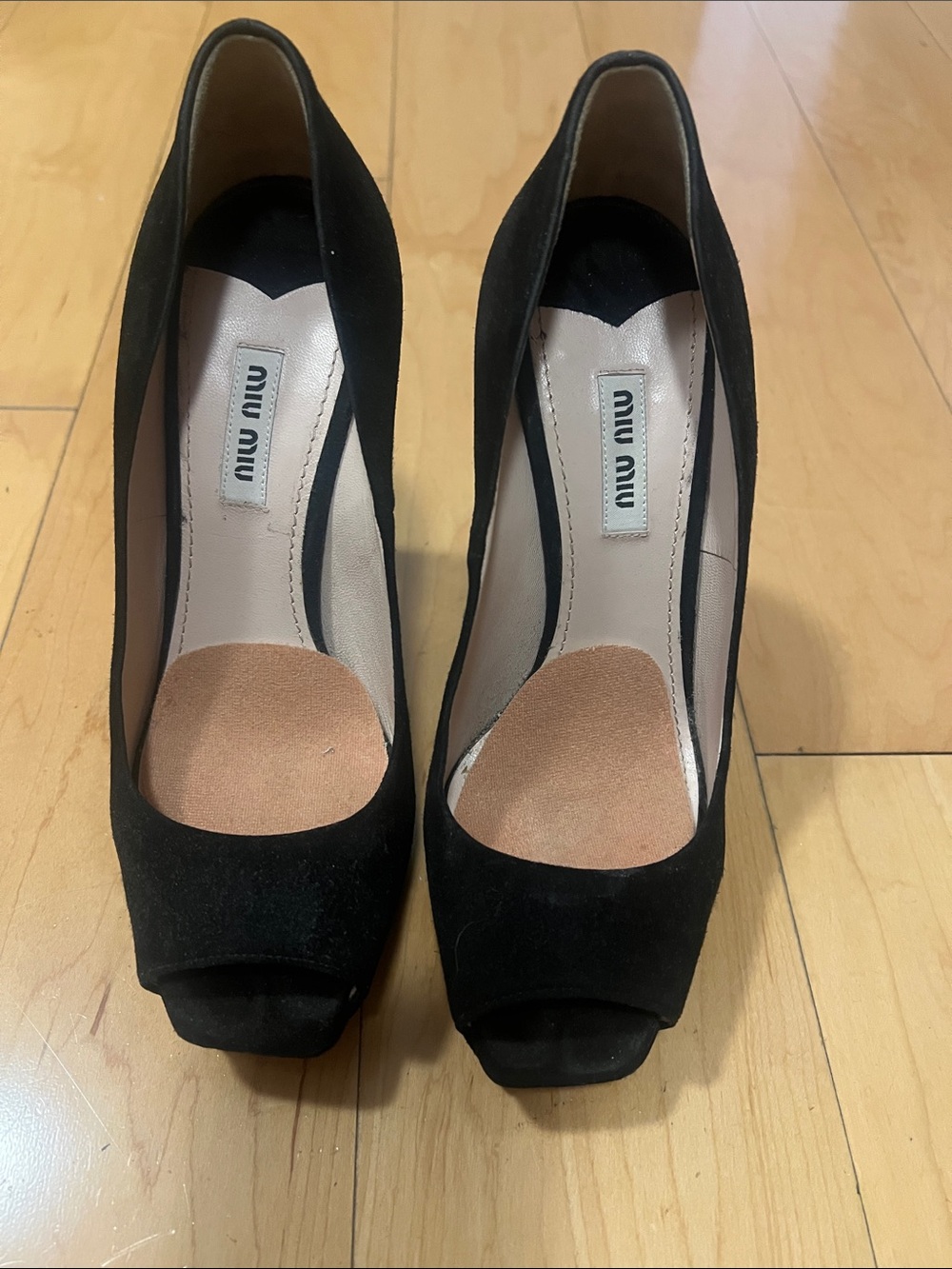 Miu Miu Black Suede Peep-Toe Pumps with Nude Insole